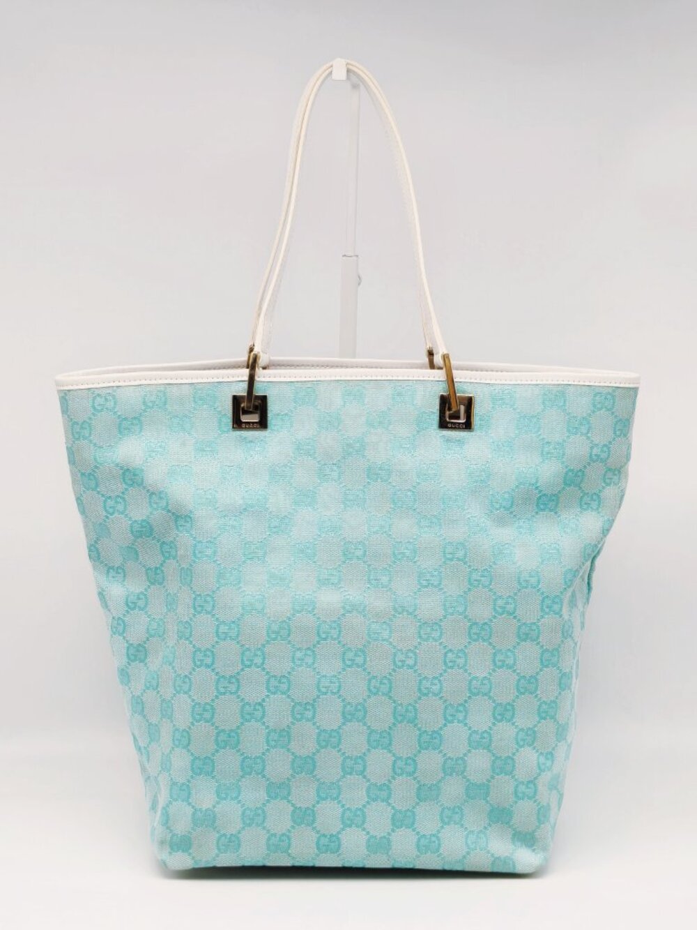 Gucci GG Canvas Tote Bag Aqua Blue White Leather Trim Shoulder Bag